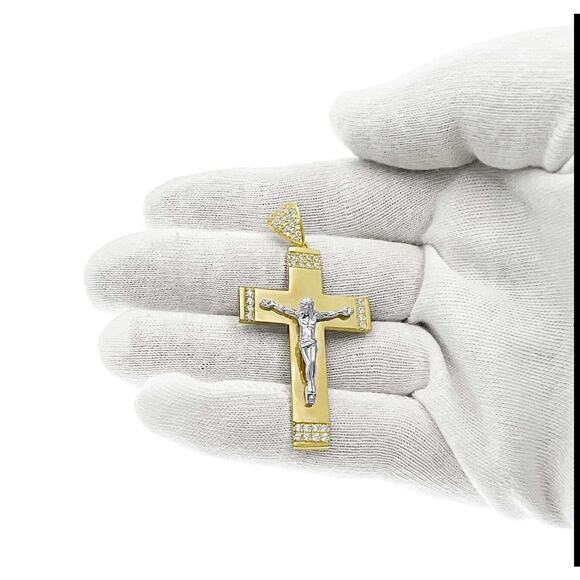 Jesus Crucifix Cross Pendant 10k Gold Two Tone 1.9" - Picture 2 of 4